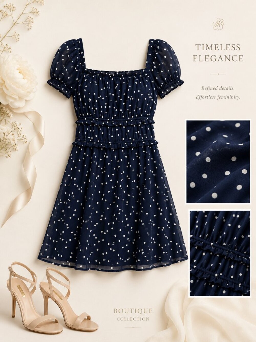 Trixxi Navy Sheer Ruffled Lined Polka Dot Pouf Sleeve Dress XS NWT